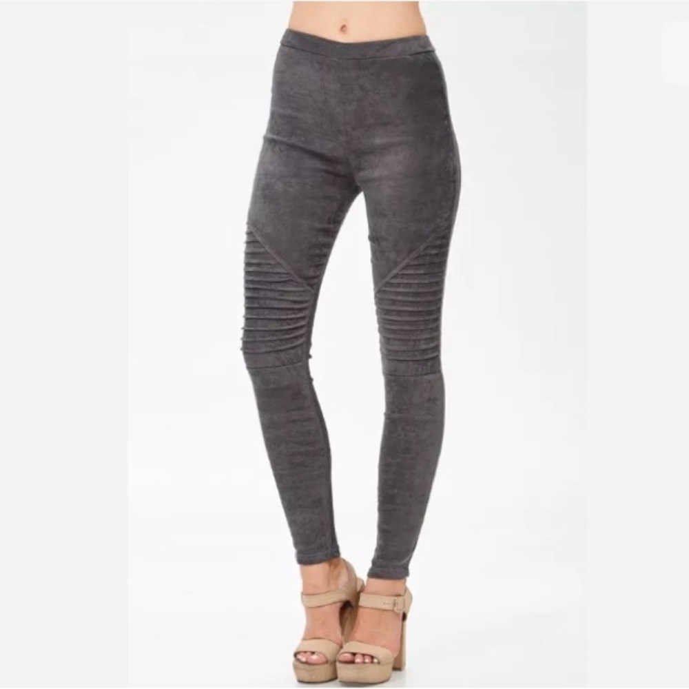 Gray Faux Suede Moto Stretch Casual Leggings - Picture 4 of 8